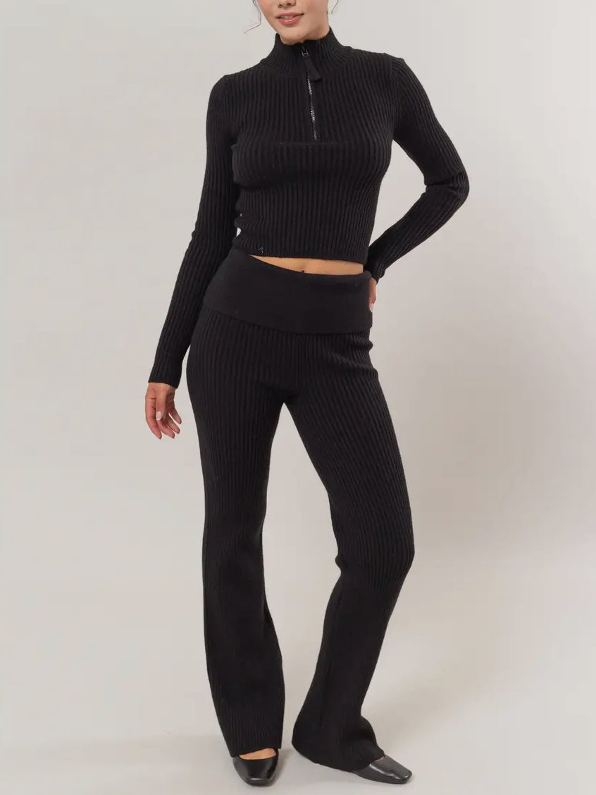 Fold Over Waist Ribbed Flared Knit Pants