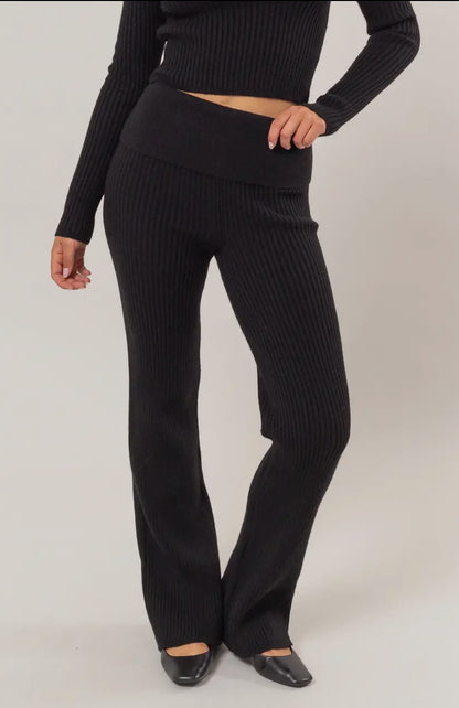 Fold Over Waist Ribbed Flared Knit Pants