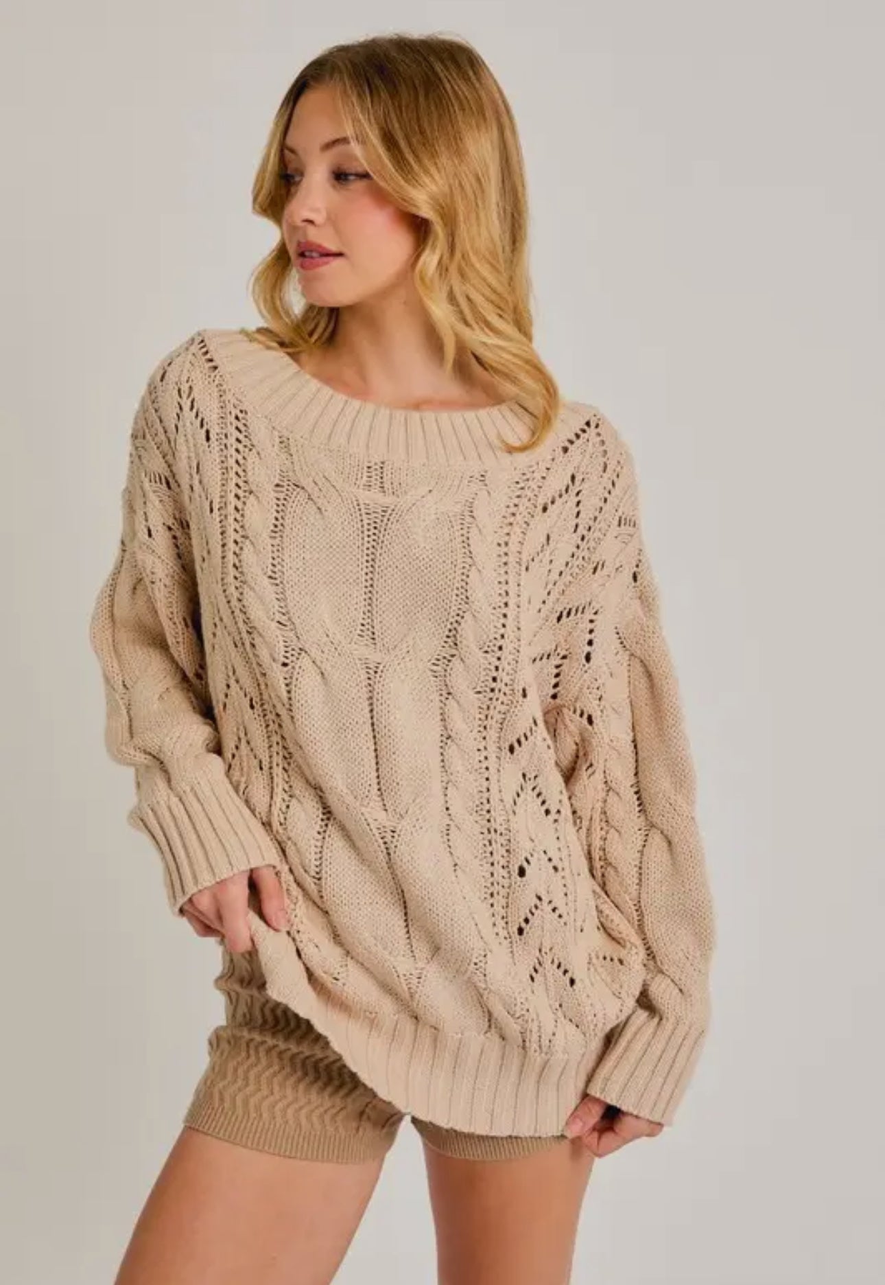 Oversized Boat Neck Cable Knit Sweater