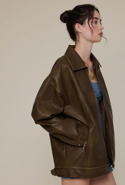 Faux Leather Collared Oversized Casual Jacket