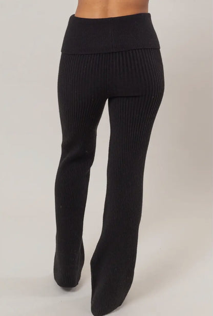 Fold Over Waist Ribbed Flared Knit Pants