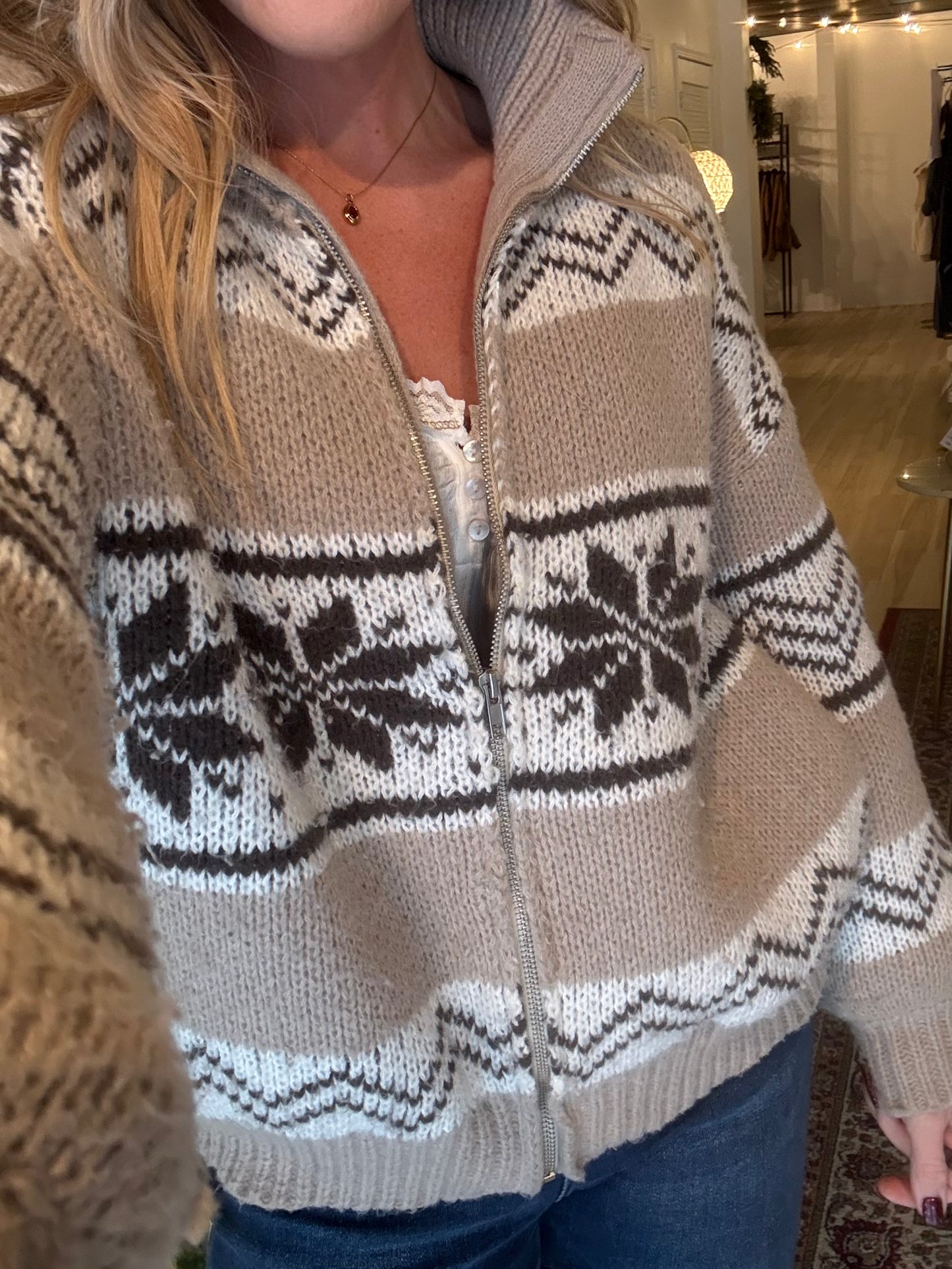 Cooper Fair Isle Collared Sweater Jacket - Brown & White