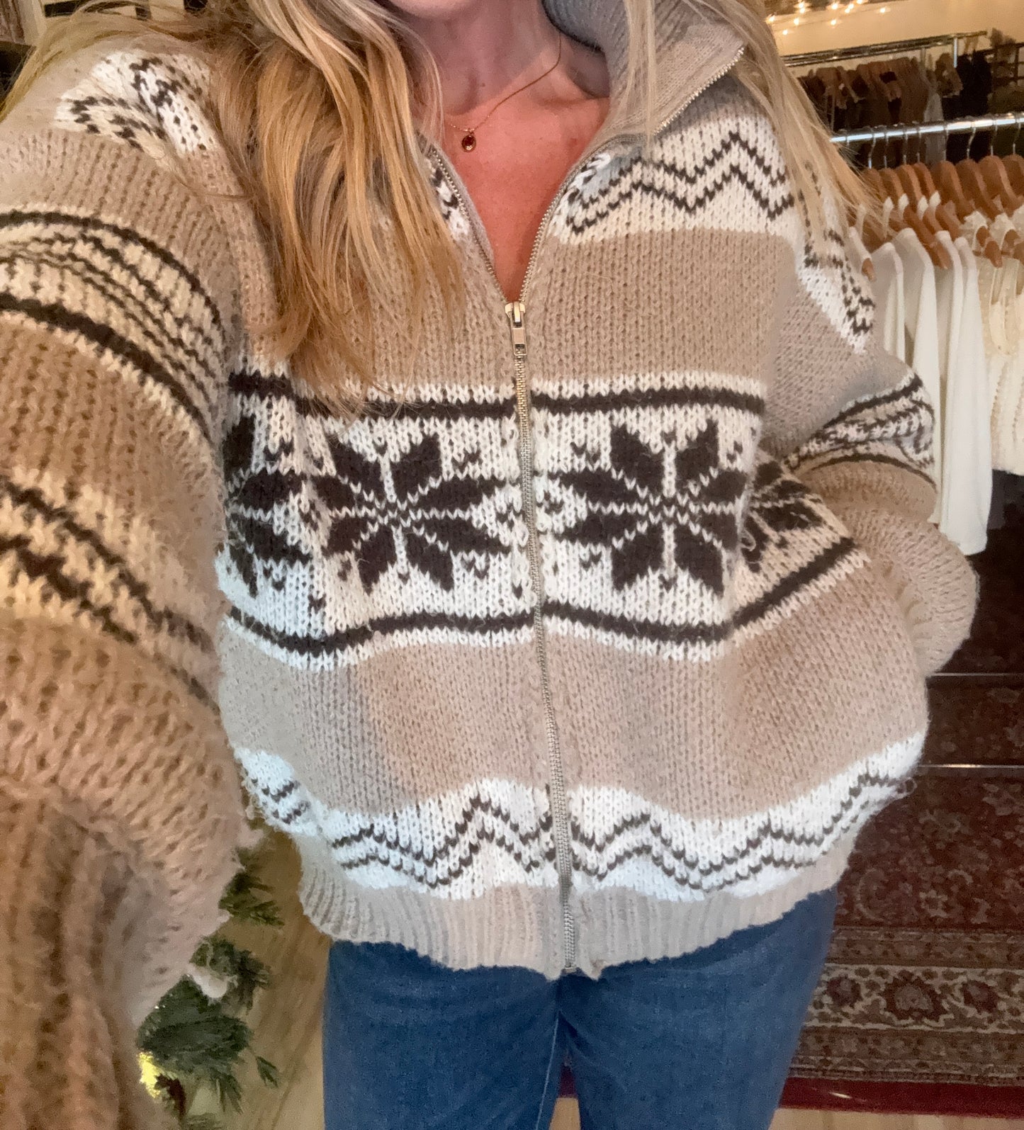 Cooper Fair Isle Collared Sweater Jacket - Brown & White