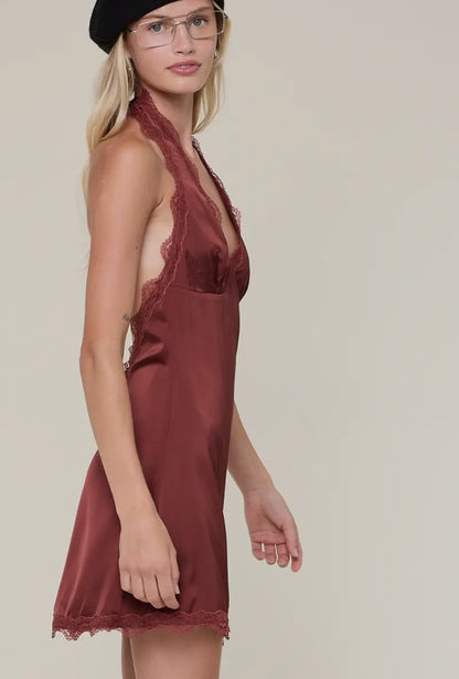 Chocolate Wine Halter Lace Mini Dress