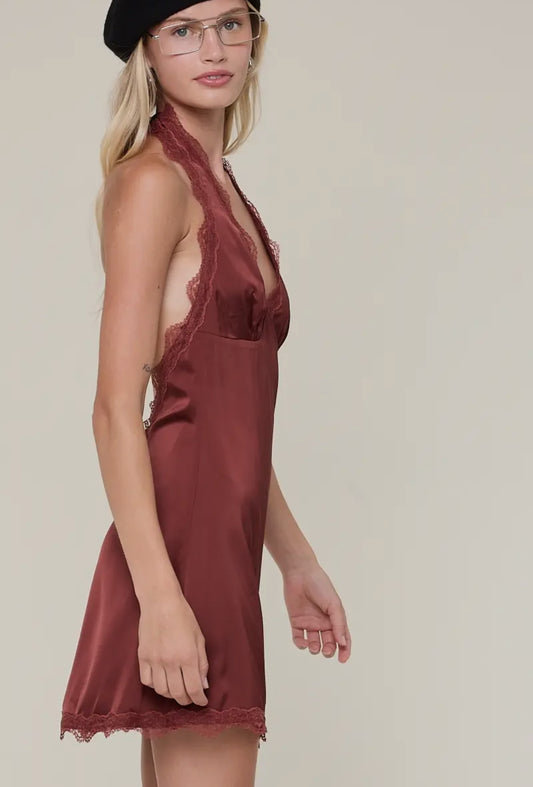 Chocolate Wine Halter Lace Mini Dress