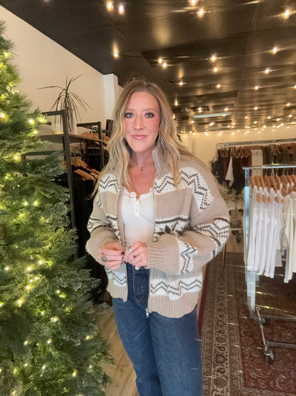 Cooper Fair Isle Collared Sweater Jacket - Brown & White