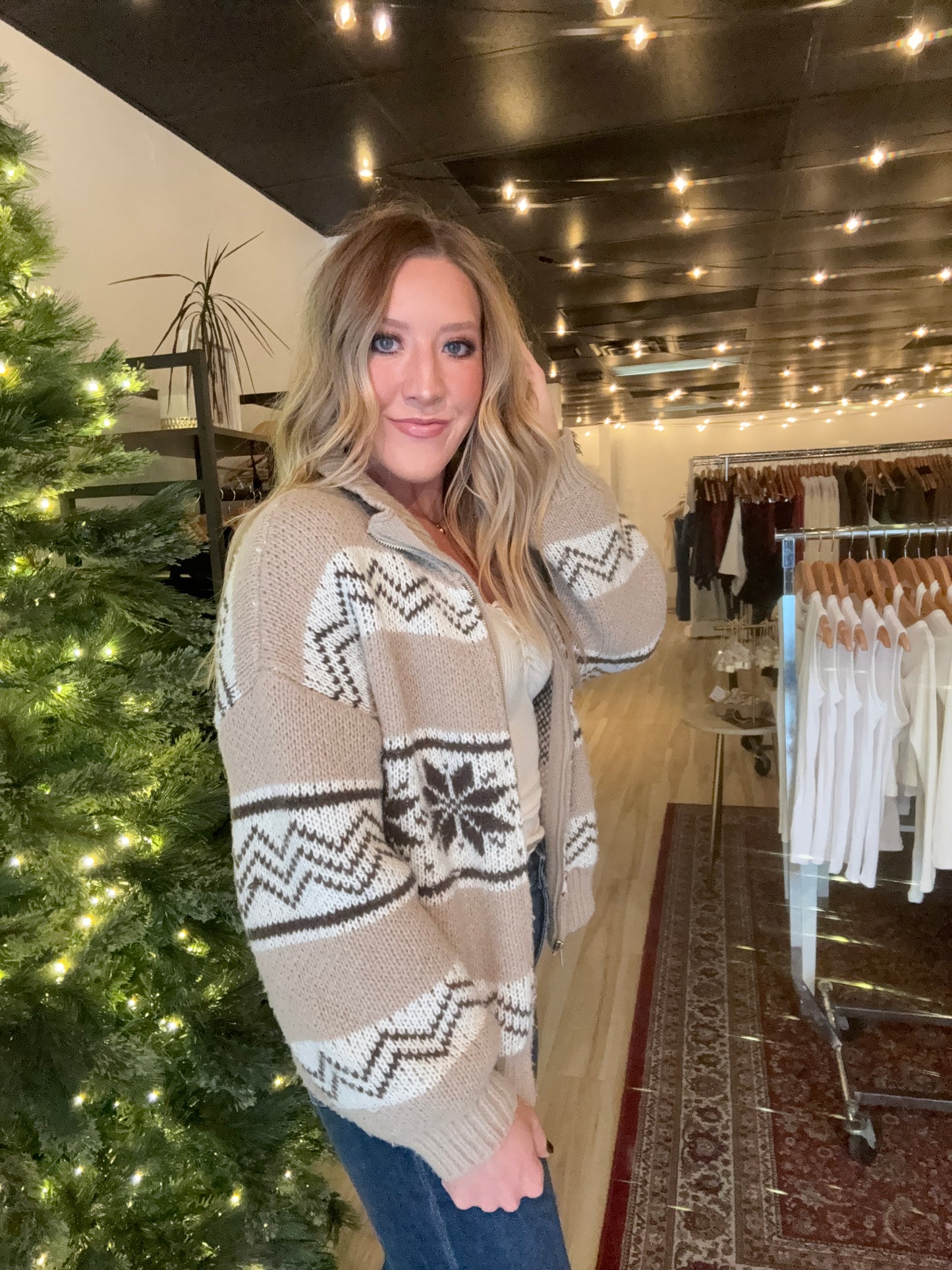 Cooper Fair Isle Collared Sweater Jacket - Brown & White