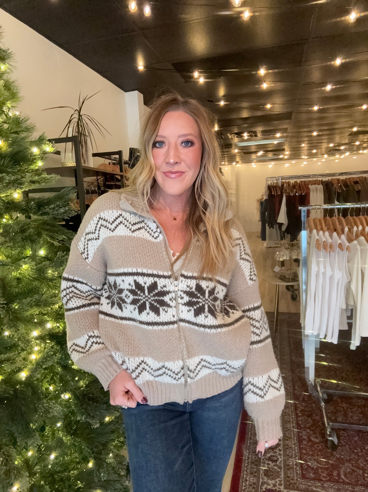 Cooper Fair Isle Collared Sweater Jacket - Brown & White