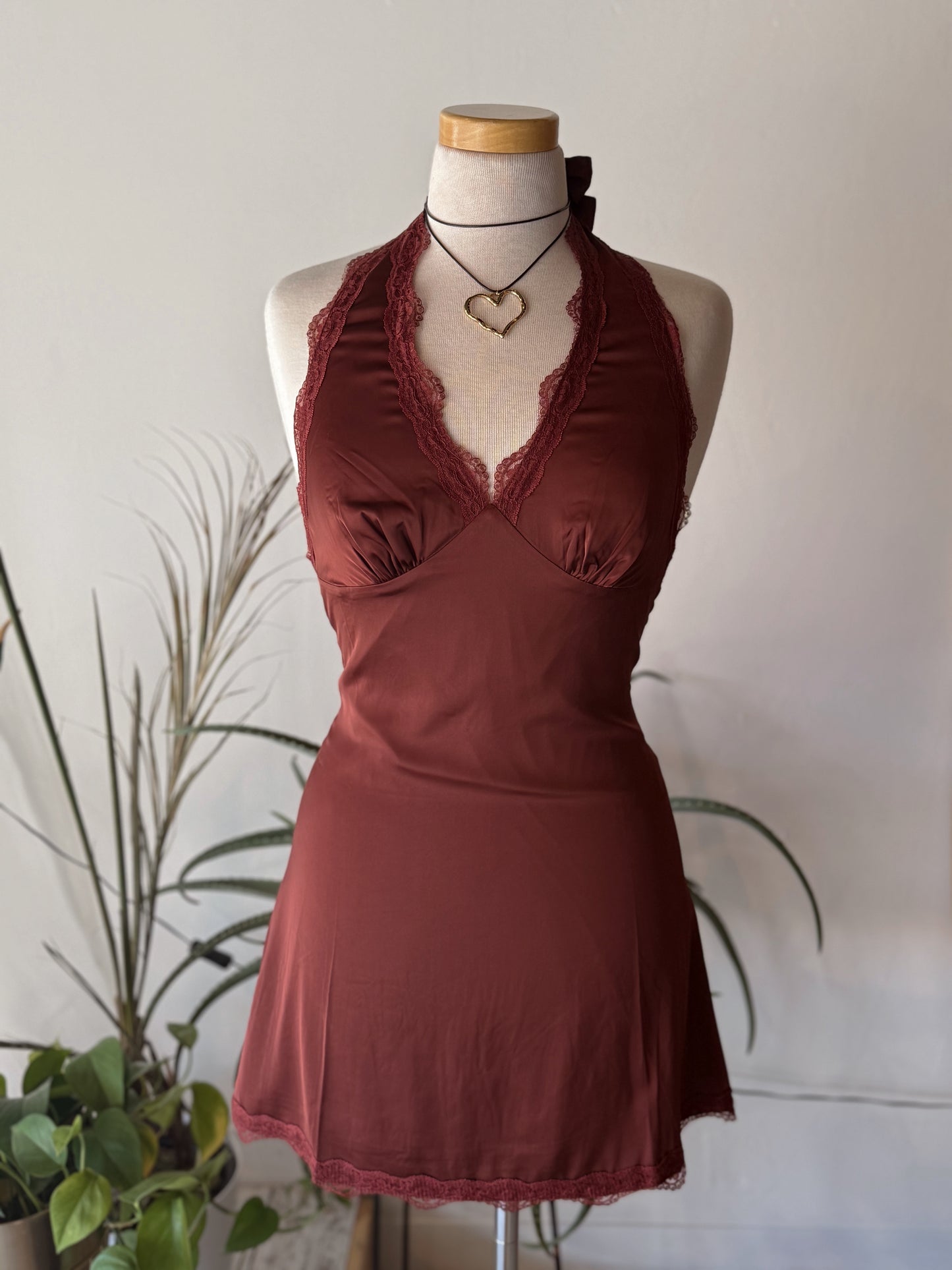 Chocolate Wine Halter Lace Mini Dress