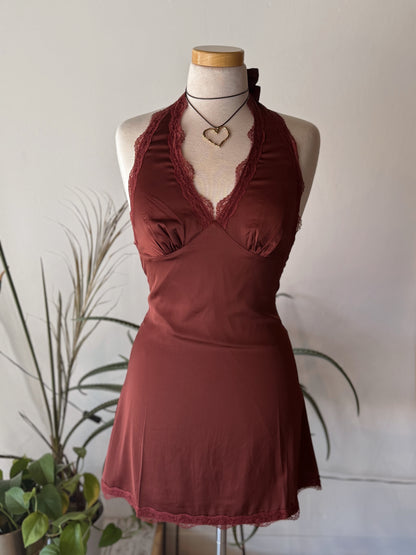 Chocolate Wine Halter Lace Mini Dress