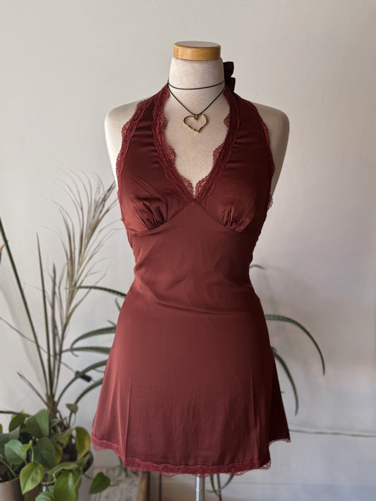 Chocolate Wine Halter Lace Mini Dress