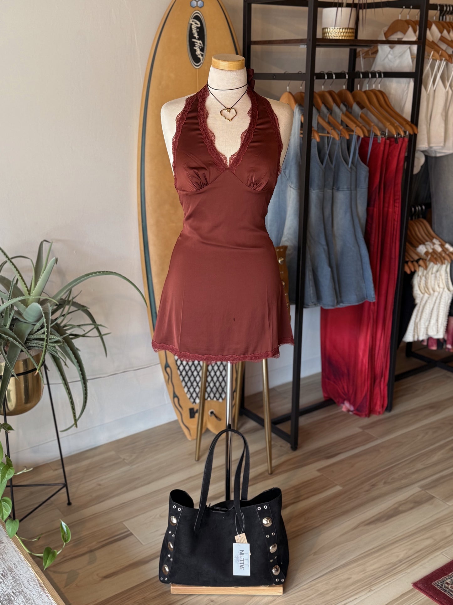 Chocolate Wine Halter Lace Mini Dress