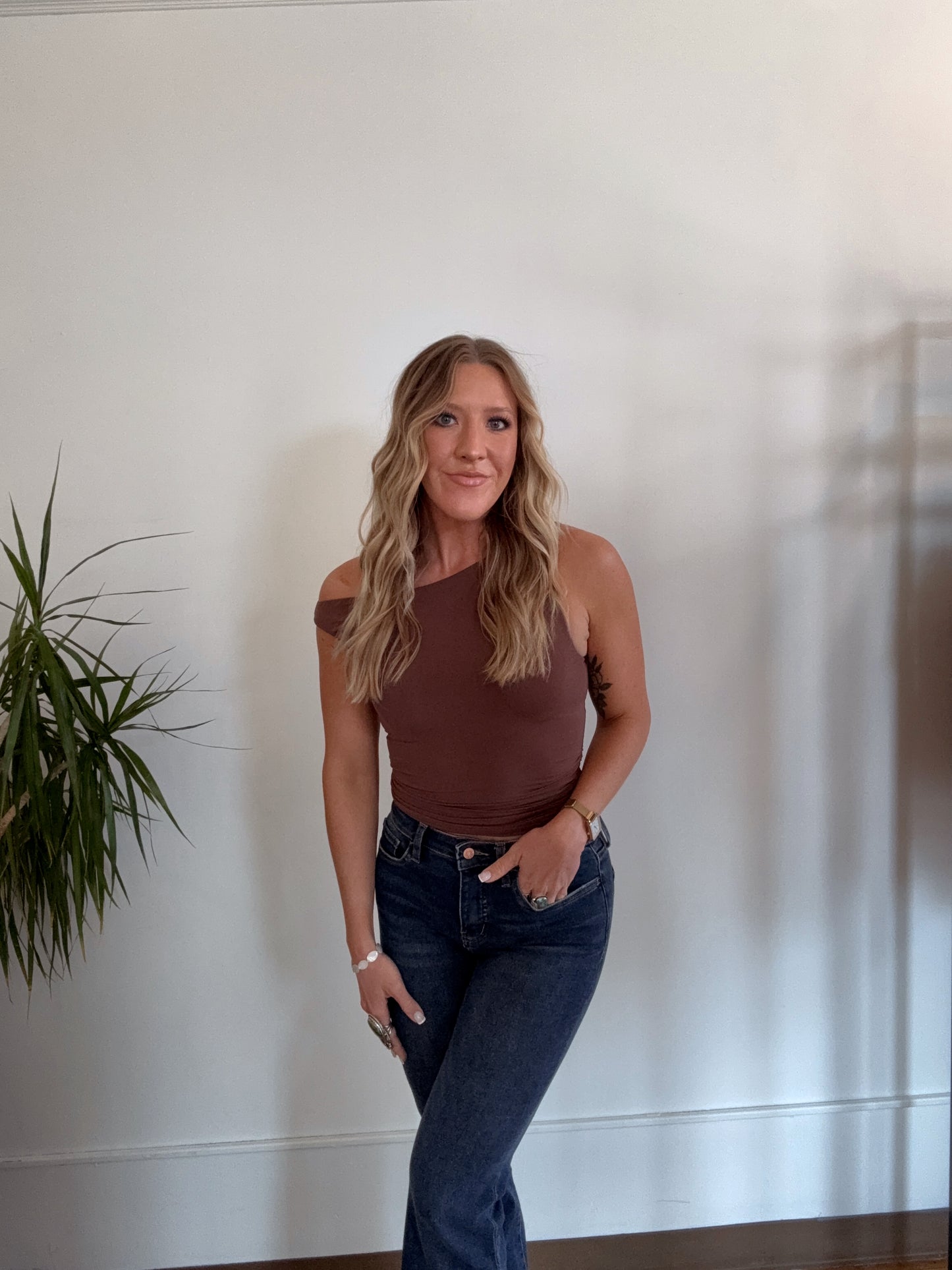 Buttery Assymetrical Neckline One Shoulder Tank Top