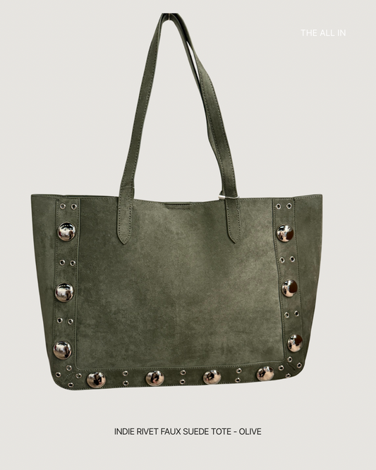 Indie Rivet Faux Suede Tote - Olive