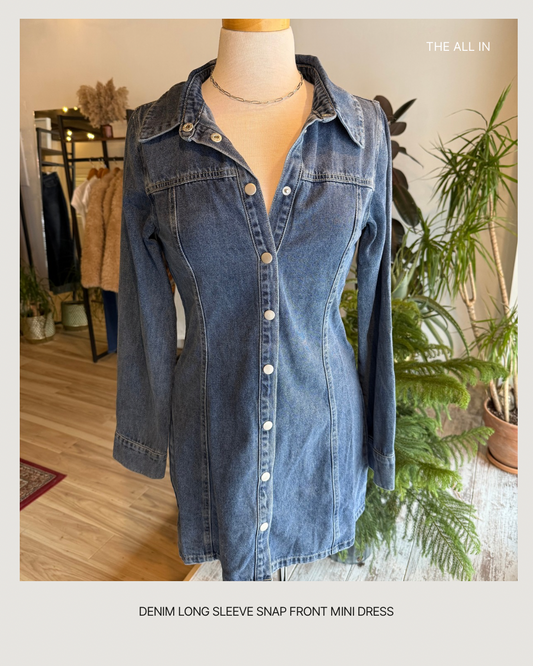 Denim Long Sleeve Snap Front Mini Dress